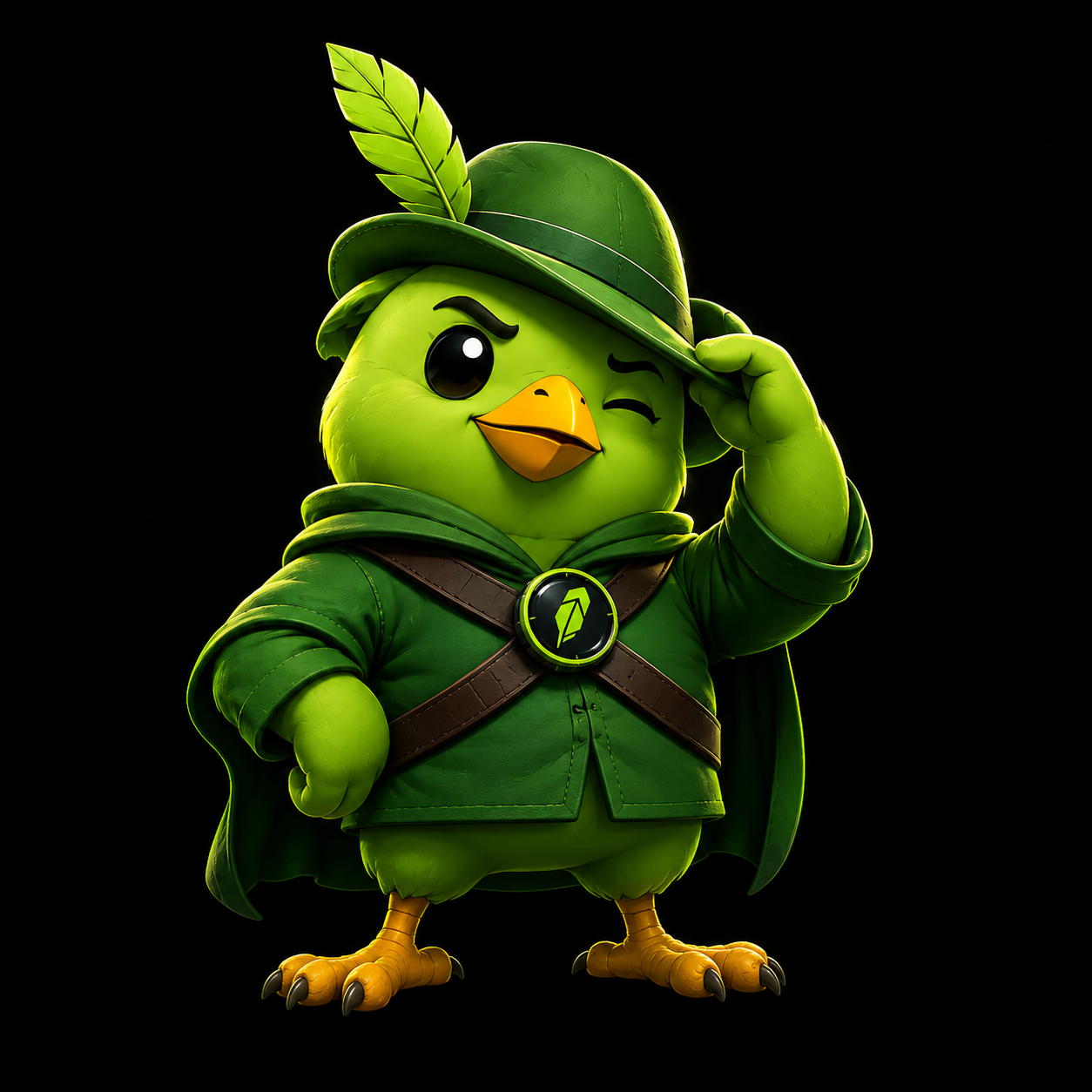 Birbo, the HoodScope mascot, tipping his green hat